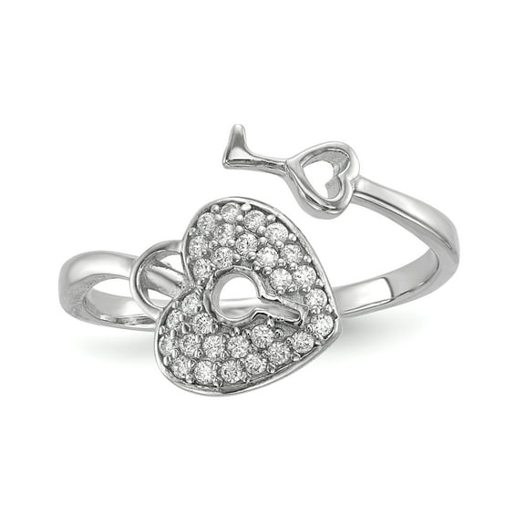 Sterling Silver Rhodium-plated CZ Heart Lock and Key Ring QQR6748-6