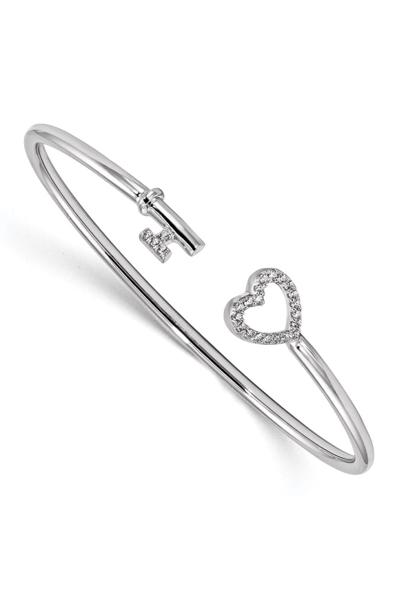 Sterling Silver Rhodium-plated CZ Heart and Key Flexible Bangle QB1219
