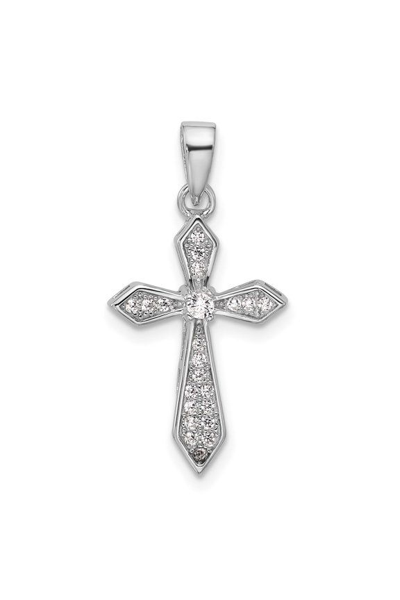 Sterling Silver Rhodium-plated CZ Polished Pointed Cross Pendant