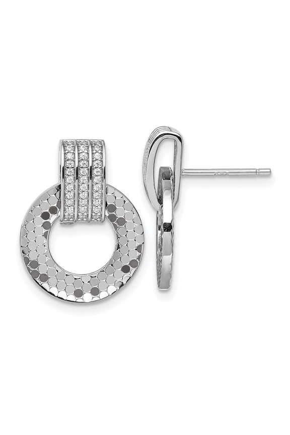 Sterling Silver Rhodium-plated CZ Polished Textured Moveable Circle Doorknocker Dangle Post Earrings
