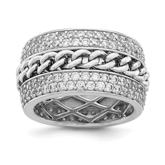Finest Gold Sterling Silver Rhodium-Plated CZ Spinning Chain Center Ring - Size 6