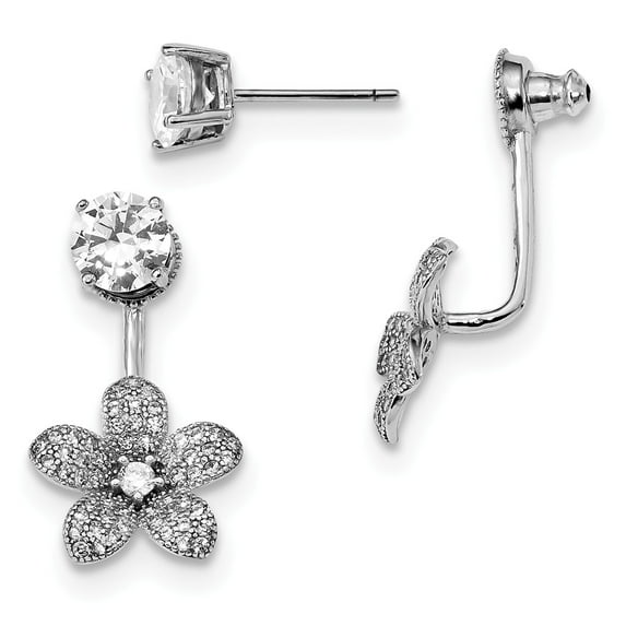 Sterling Silver Rhodium-plated CZ Studs with CZ Flower Jacket Earrings