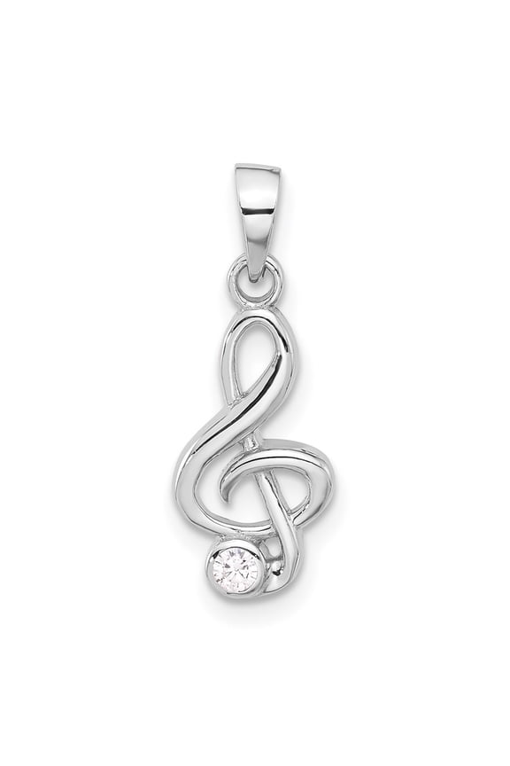 Sterling Silver Rhodium-plated CZ Treble Clef Pendant
