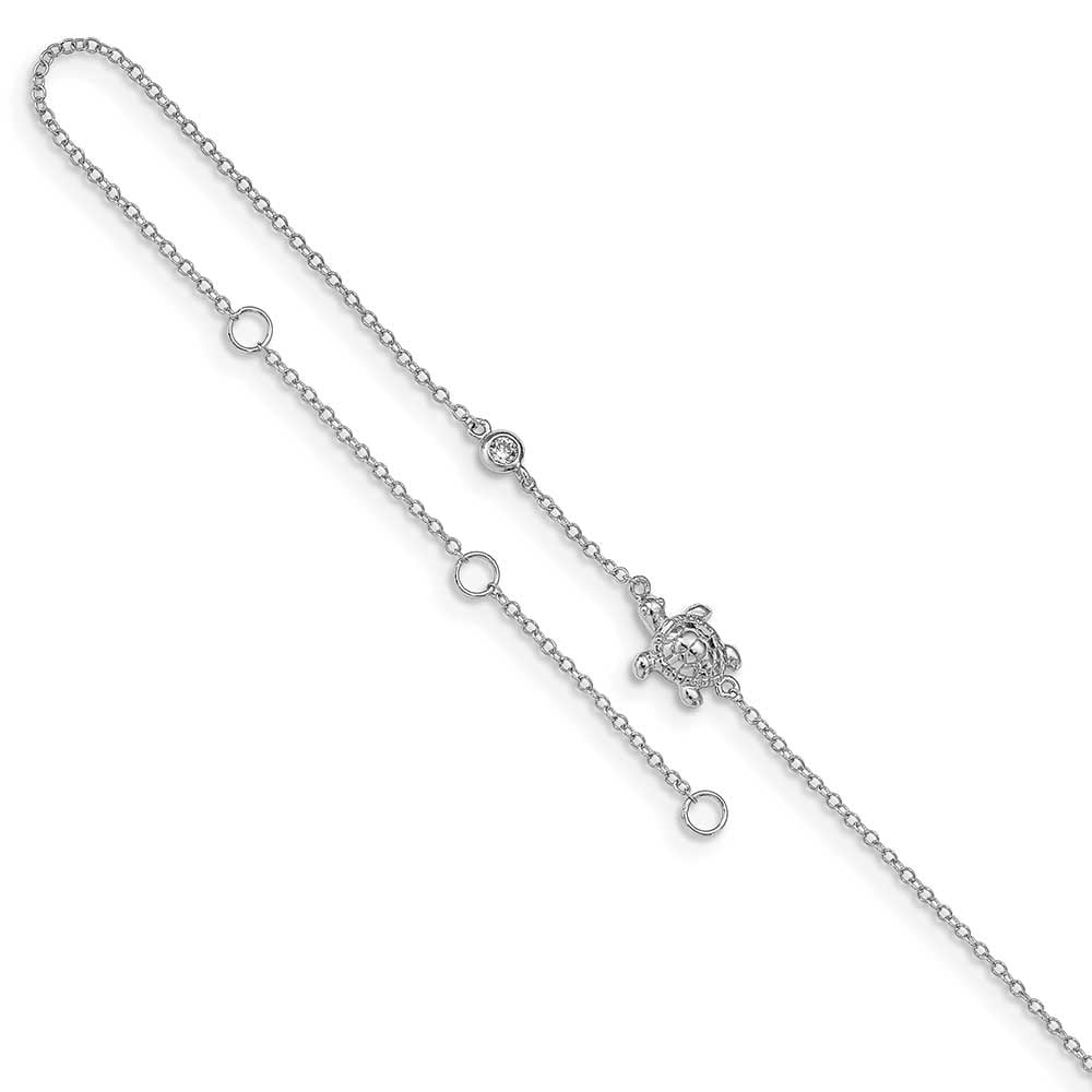 Sterling Silver Rhodium-plated CZ Turtle 9" Plus 2" Ext Anklet