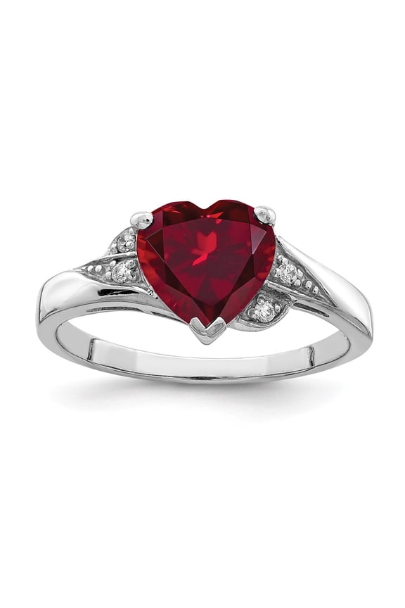 Sterling Silver Rhodium-plated CZ and Lab Cr. Ruby Heart Ring