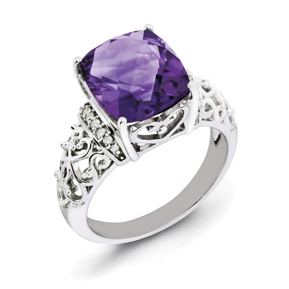 Sterling Silver Rhodium-plated Checker-Cut Amethyst & Diamond Ring - Size 7