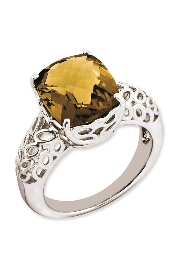 Sterling Silver Rhodium-plated Checker-Cut Whiskey Quartz Ring