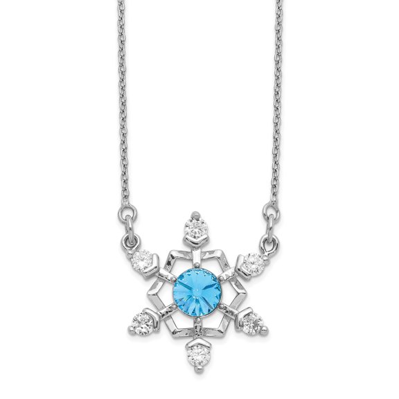 Sterling Silver Rhodium-plated Clear & Blue Crystal Snowflake with 2in Extender Necklace