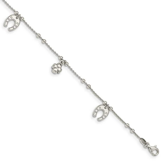 Sterling Silver Rhodium-plated Clover/Horseshoe Dangle 9in w/1in ext Anklet QQG4793-9