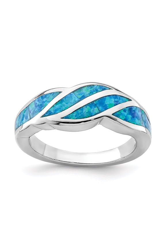 Sterling Silver Rhodium-plated Created Blue Opal Inlay Ring Size 6