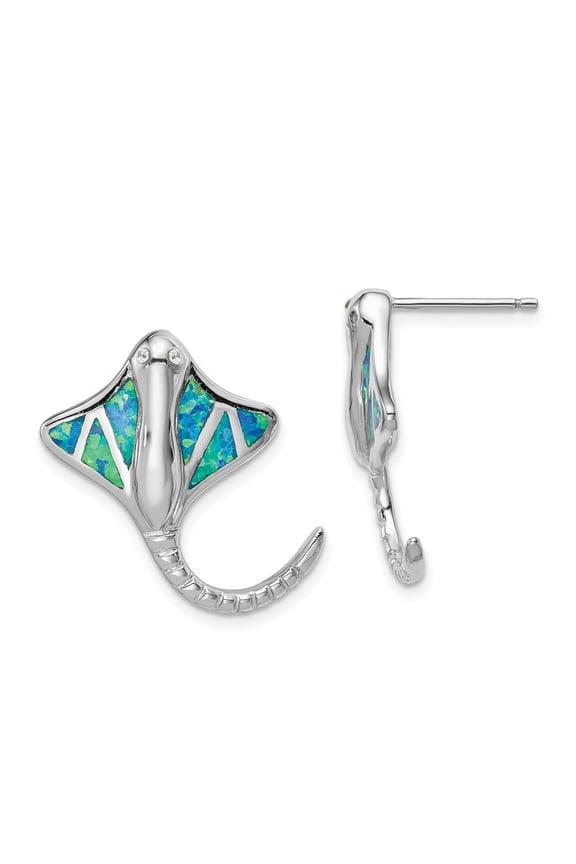 Sterling Silver Rhodium-plated Created Blue Opal Stingray Post Stud Earrings