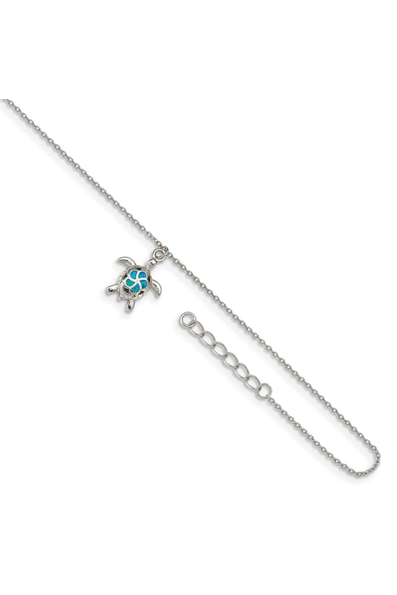 Sterling Silver Rhodium-plated Created Blue Opal Turtle with 1in Extender Anklet