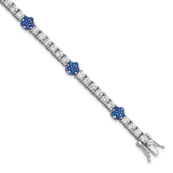 Finest Gold Sterling Silver Rhodium-Plated Cr Blue Spinel & CZ Flower 7 in. Bracelet