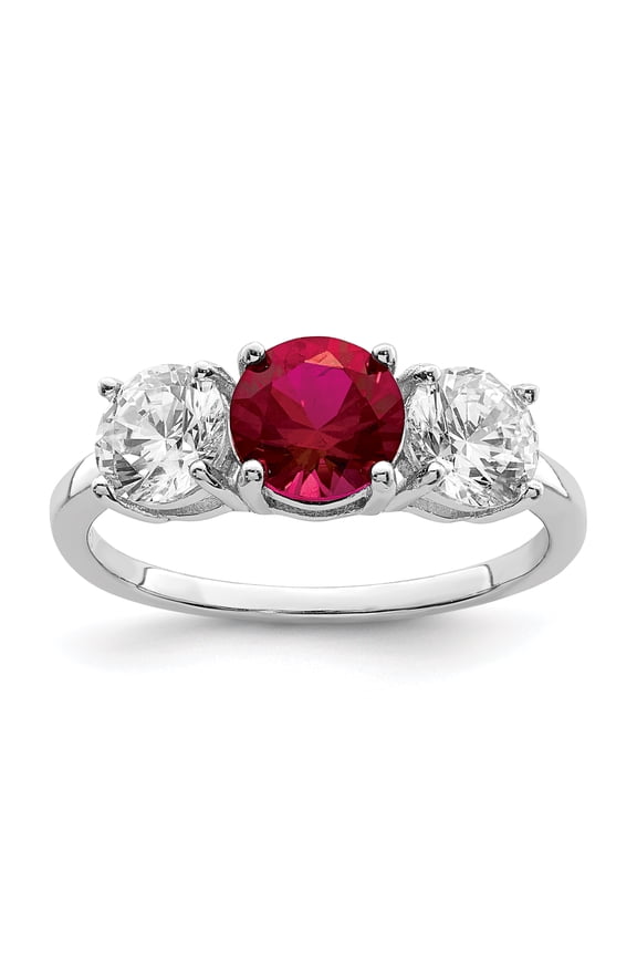 Sterling Silver Rhodium-plated Created Corundum & CZ 3 Stone Ring QR7021