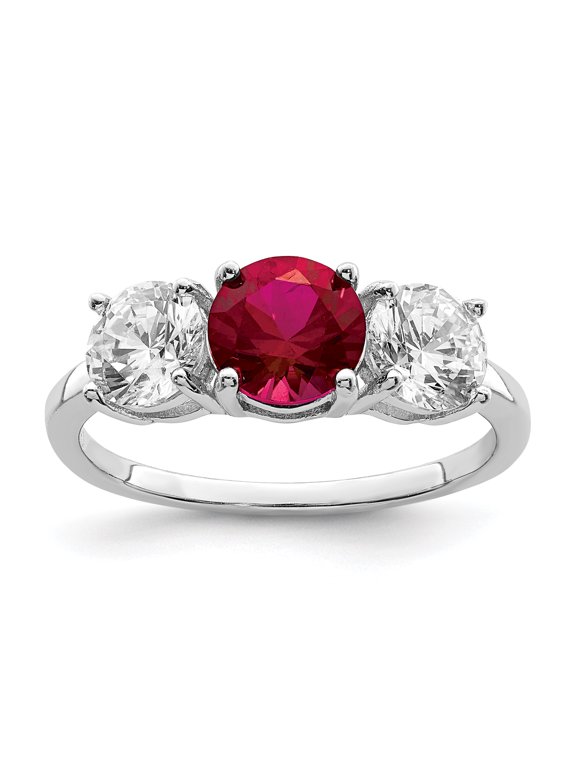 Sterling Silver Rhodium-plated Created Corundum & Cubic Zirconia 3 Stone Ring Size 7