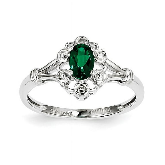 Sterling Silver Rhodium-plated Created Emerald & Diam. Ring
