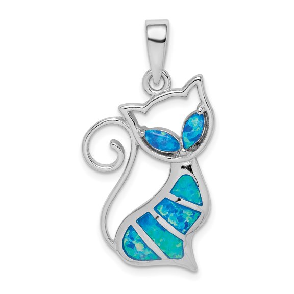 Sterling Silver Rhodium-plated Created Opal Cat Pendant QP5128