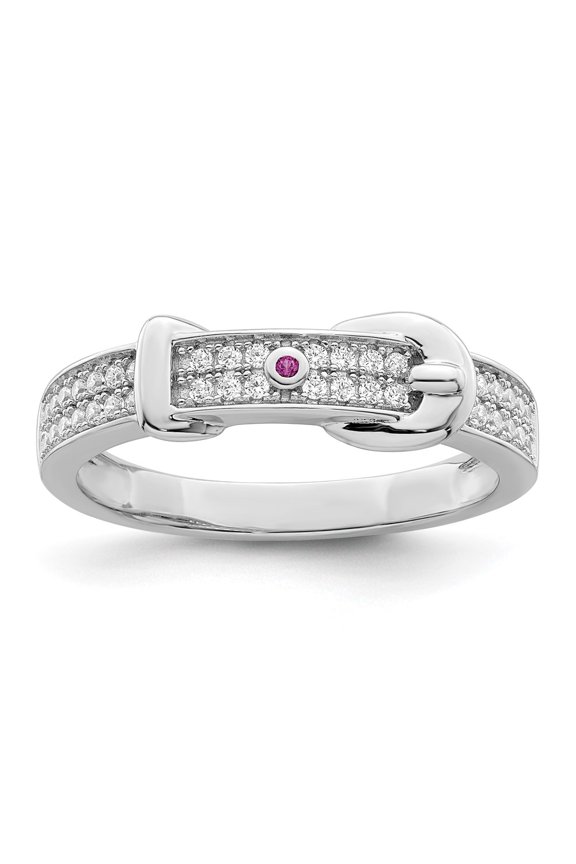 Sterling Silver Rhodium plated Created Red Corundum & CZ Buckle Ring