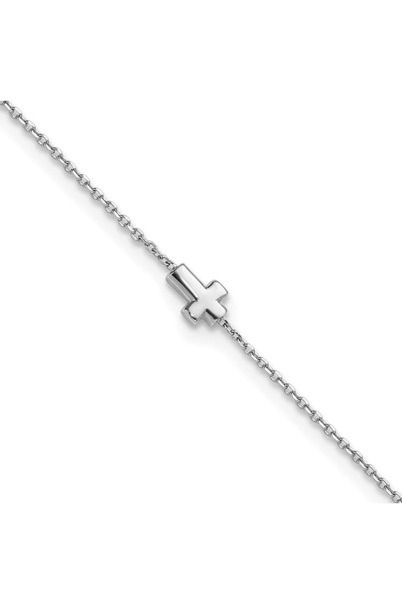 Sterling Silver Rhodium-plated Cross 9 inch with 1 inch Extension Anklet