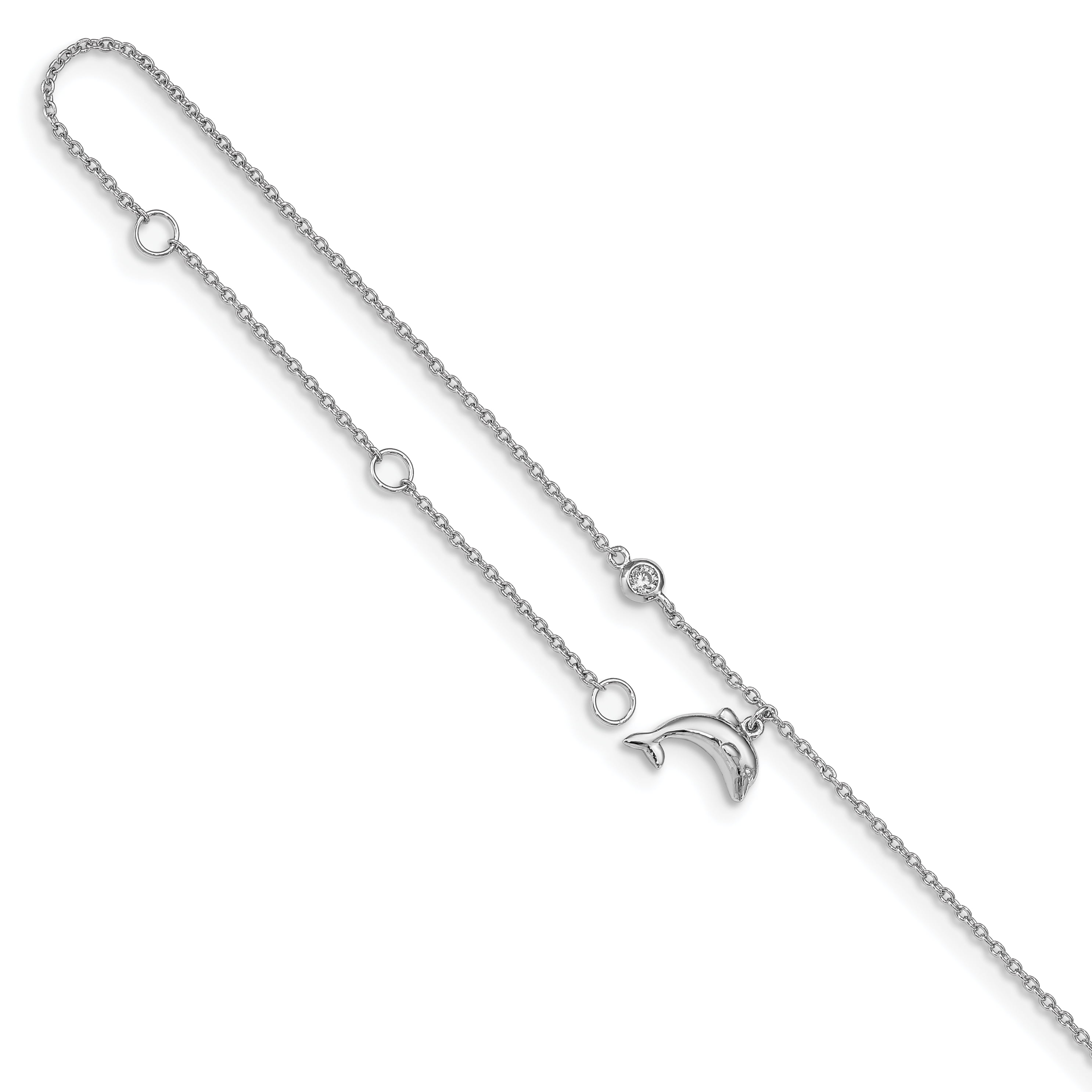Sterling Silver Rhodium-plated Cubic Zirconia Dolphin with 2in Extender Anklet