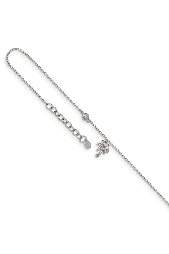 Sterling Silver Rhodium-plated Cubic Zirconia and Palm Tree with 1in Extender Anklet
