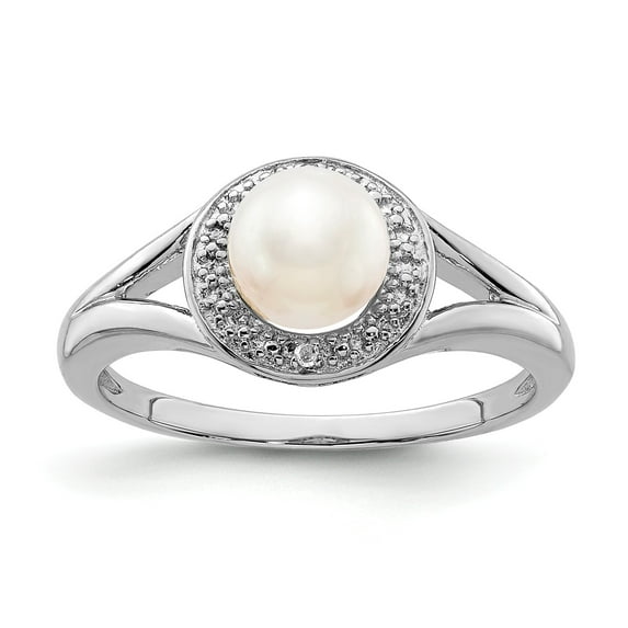 Sterling Silver Rhodium-plated Diam. & Freshwater Cultured Pearl Ring - Size 10