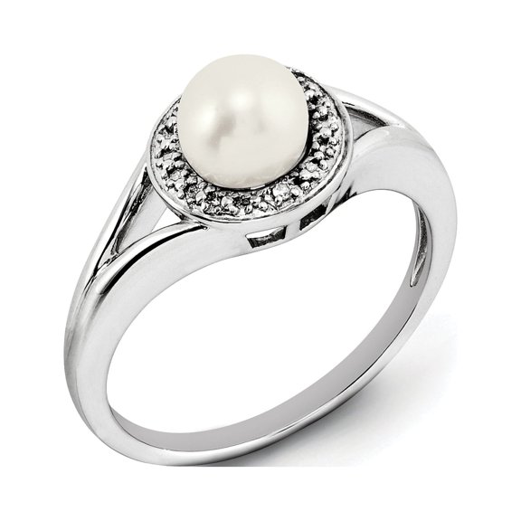 Sterling Silver Rhodium-plated Diam. & Freshwater Cultured Pearl Ring