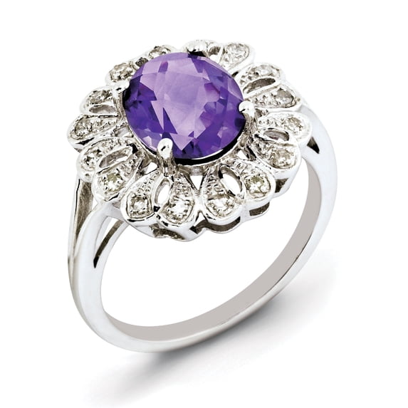 Sterling Silver Rhodium-plated Diam & Oval Checker-Cut Amethyst Ring