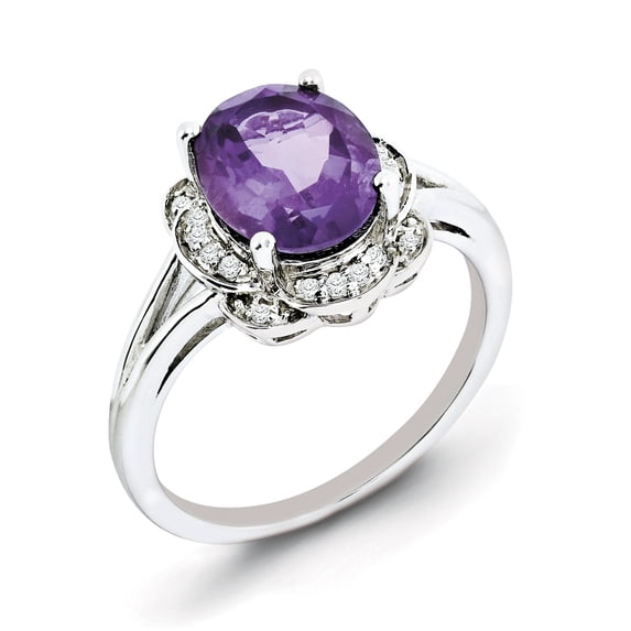 Sterling Silver Rhodium-plated Diamond & Amethyst Ring