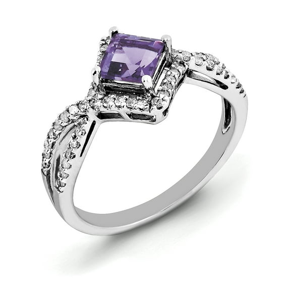 Sterling Silver Rhodium-plated Diamond & Amethyst Ring