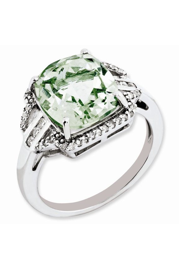 Sterling Silver Rhodium-plated Diamond & Checker-Cut Green Quartz Ring - Size 7