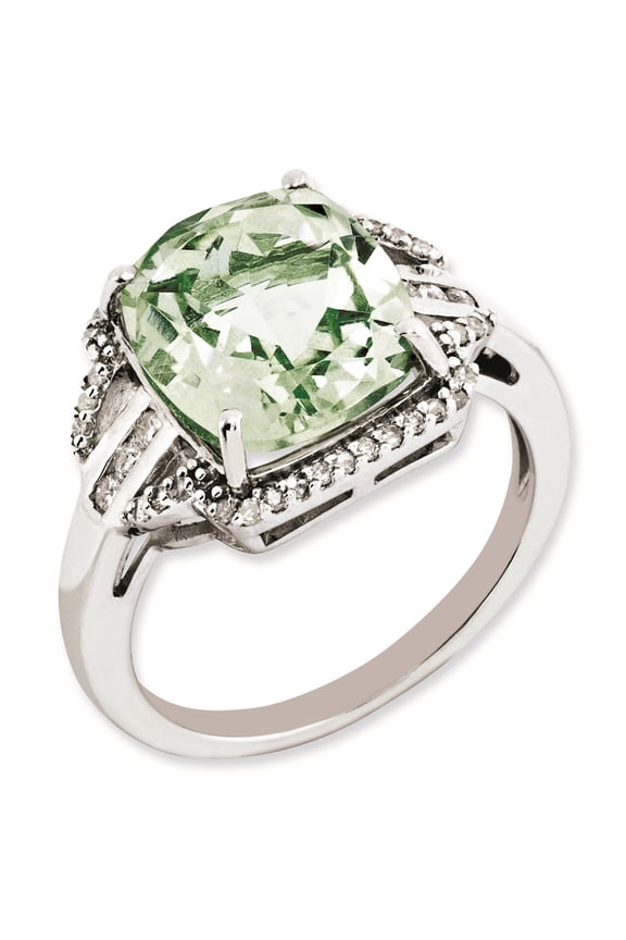 Sterling Silver Rhodium-plated Diamond & Checker-Cut Green Quartz Ring