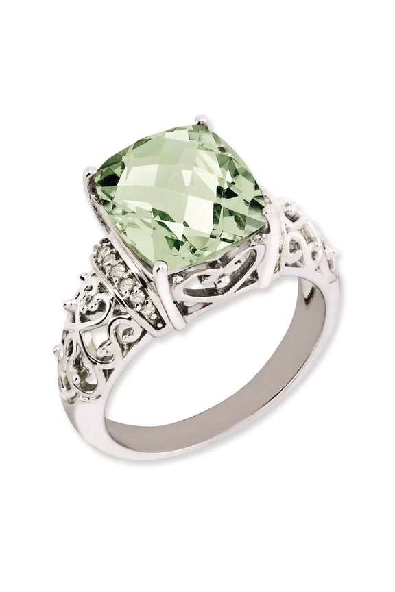 Sterling Silver Rhodium-plated Diamond & Checker-Cut Green Quartz Ring