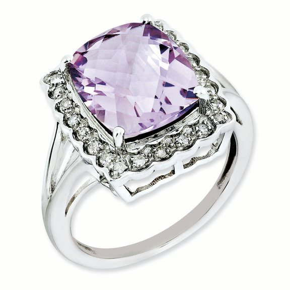 Sterling Silver Rhodium-plated Diamond & Checker-Cut Pink Quartz Ring