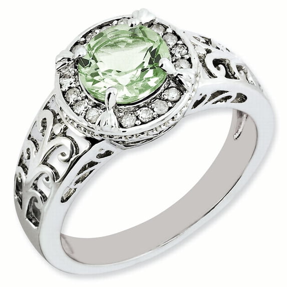 Sterling Silver Rhodium-plated Diamond & Green Quartz Ring