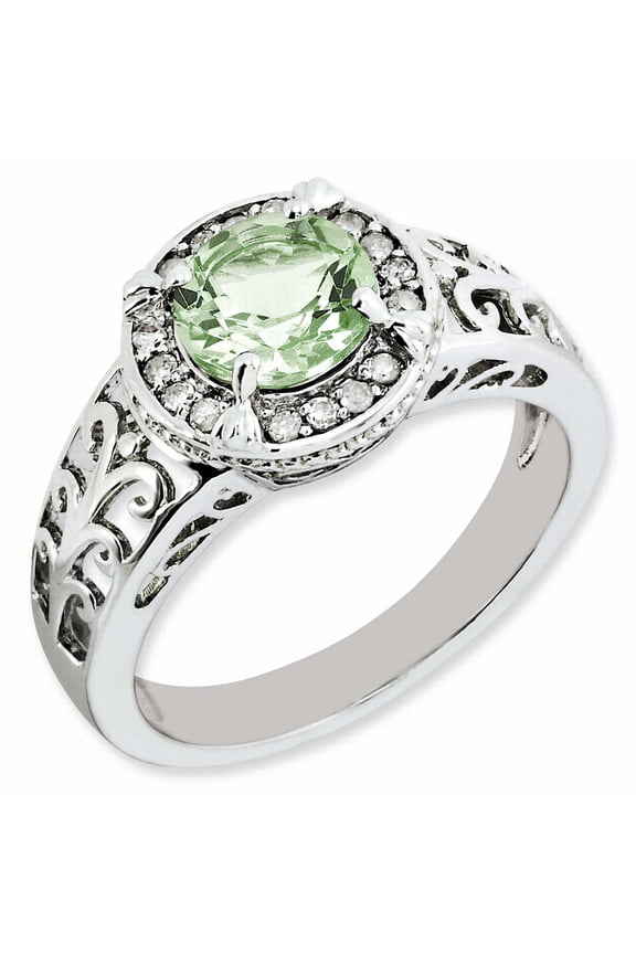 Sterling Silver Rhodium-plated Diamond & Green Quartz Ring