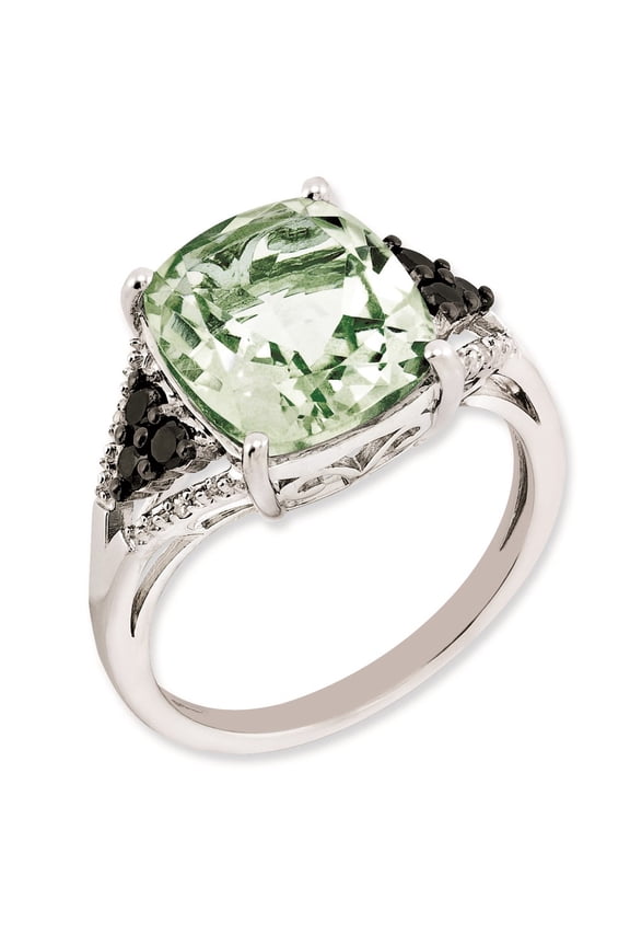 Sterling Silver Rhodium-plated Diamond & Green Quartz Ring