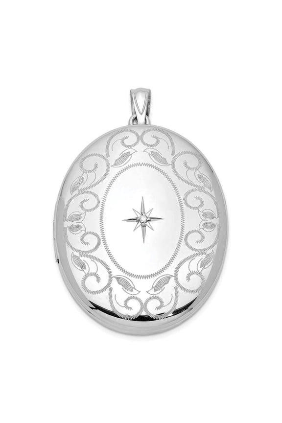 Lockets Sterling Silver Rhodium-plated & Diamond w/ Swirl Border 34mm Oval Locket