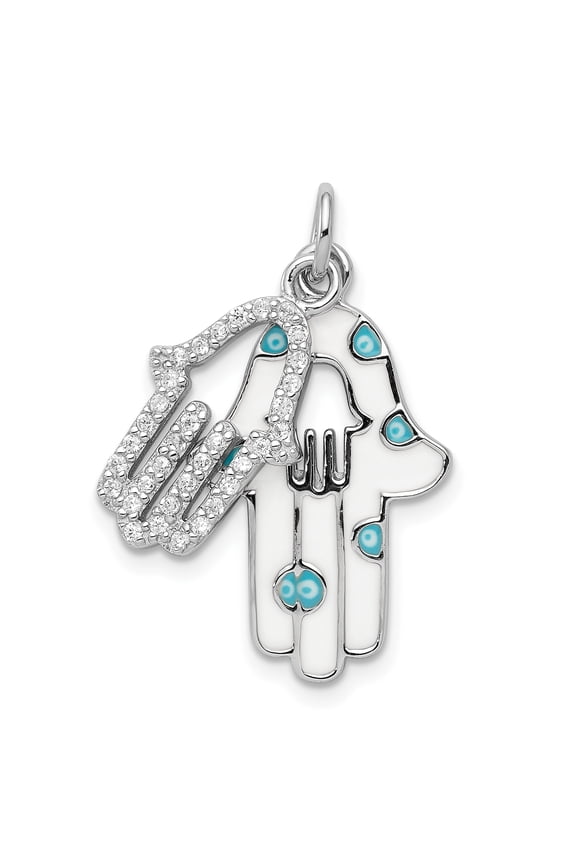 Sterling Silver Rhodium-plated Enamel Hamsa w/CZ pendant Q-QC8443