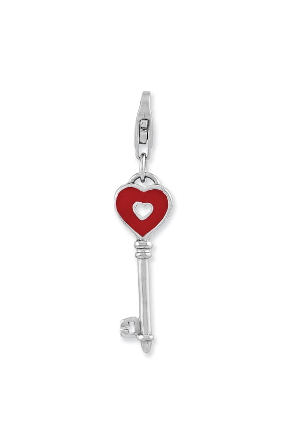 Finest Gold Amore La Vita Sterling Silver Rhodium-Plated Polished 3-D Enameled Heart Key Charm with Fancy Lobster Clasp