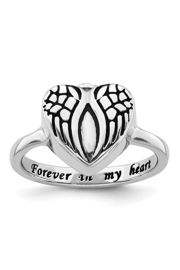 Sterling Silver Rhodium-plated Enameled Heart With Wings FOREVER IN MY HEART (Inside) Ash Holder Size 7 Ring