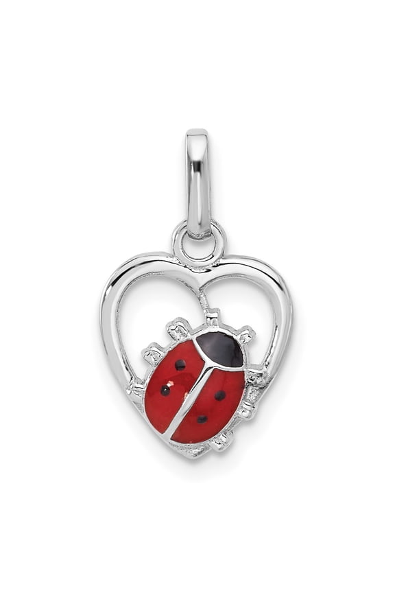 Sterling Silver Rhodium-plated Enameled Ladybug in Heart Pendant
