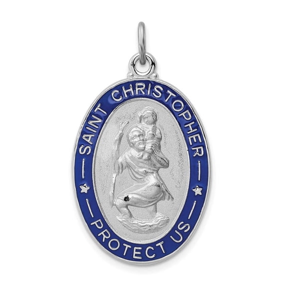 925 Sterling Silver Solid Polished and satin Engravable (back only) Enameled St. Christopher Medal Charm 35x20mm Wide Pe
