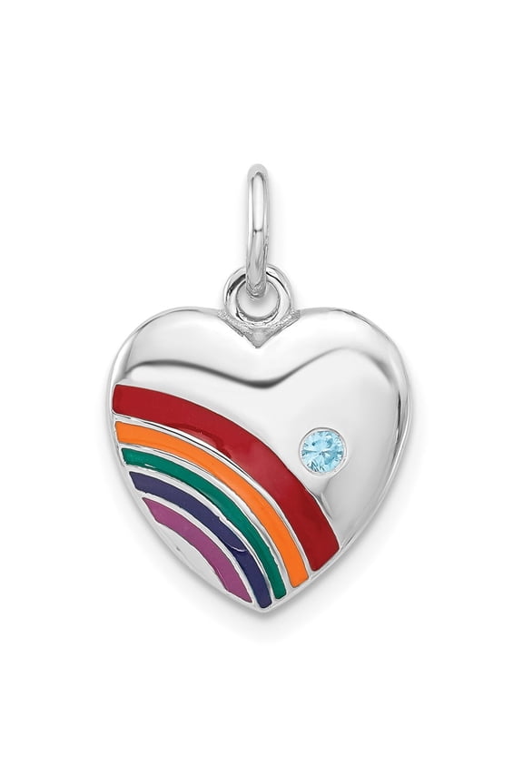 Sterling Silver Rhodium-plated Enameled with CZ Rainbow Heart Pendant