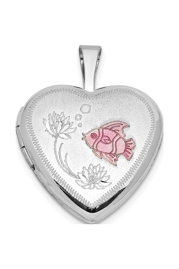 Sterling Silver Rhodium-plated Epoxy Satin Polished Fish 16mm Heart Locket