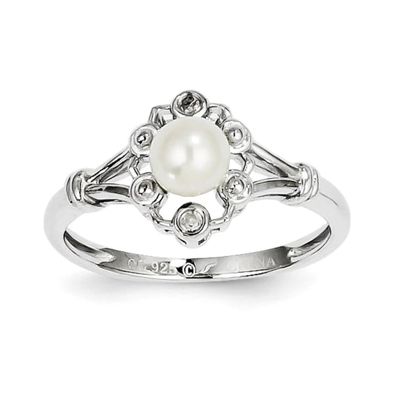 925 Sterling Silver Polished Freshwater Cultured Pearl and Diamond Ring Size 7 Measures 2mm Wide - Ring for Women
