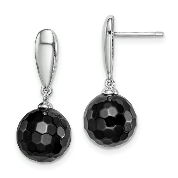Sterling Silver Rhodium-plated Faceted 10mm Onyx Dangle Post Earrings