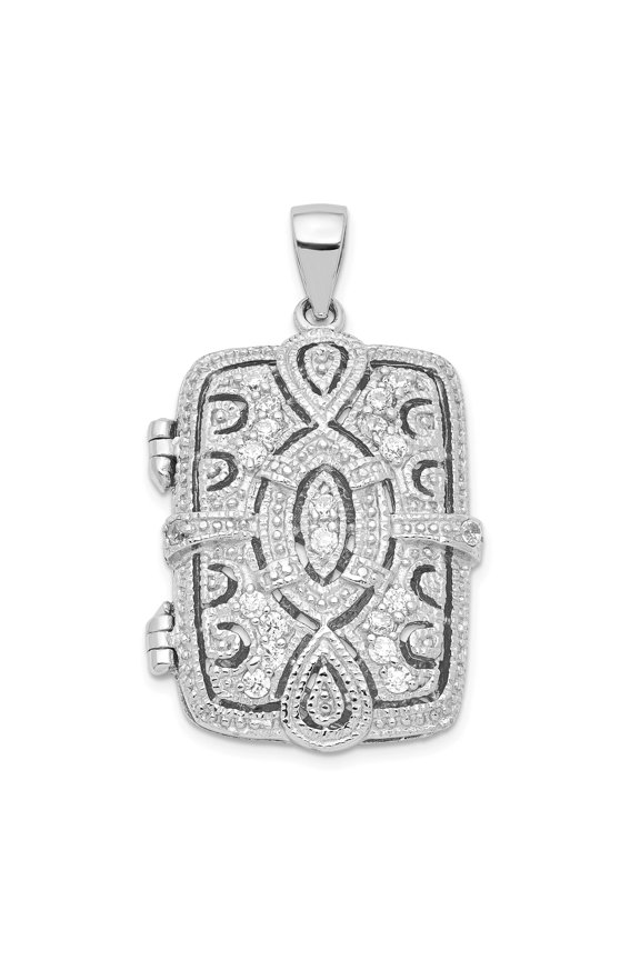 Sterling Silver Rhodium-plated Fancy CZ Rectangle 24mm Locket Pendant