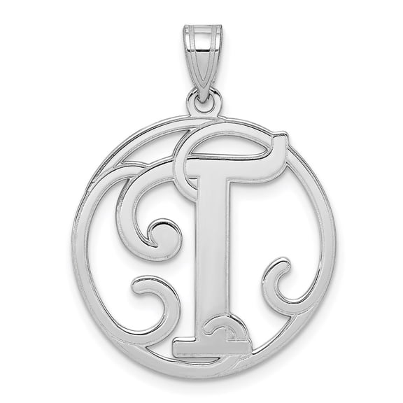 Sterling Silver Rhodium-plated Fancy Script Letter T Initial Pendant QC8999T