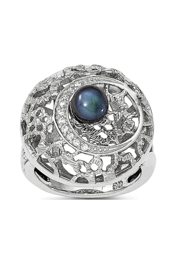 Sterling Silver Rhodium-plated Filigree Pattern CZ Accented Black Freshwater Cultured Pearl Round Ring QR6283